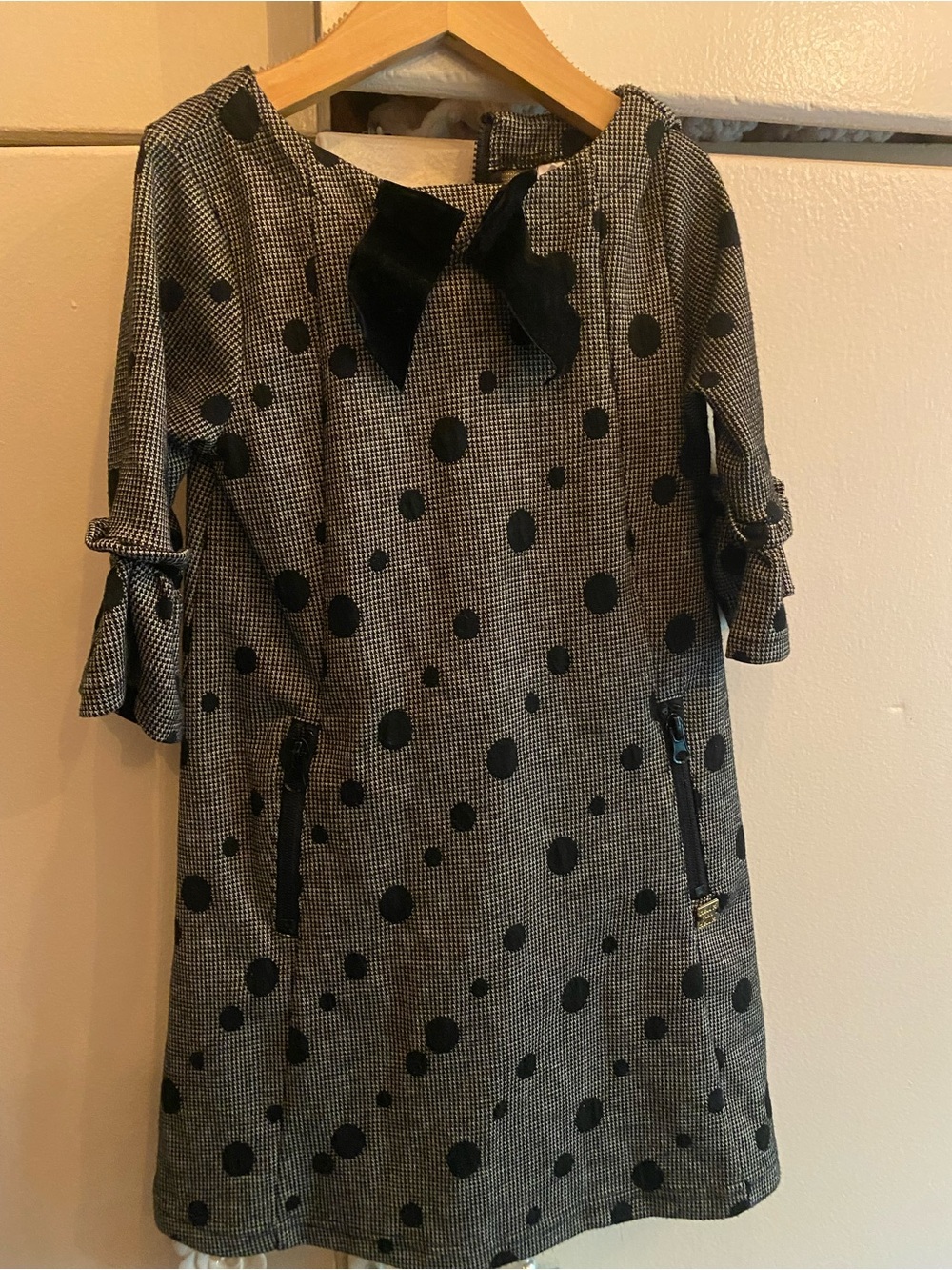 deux par deux Gray Polka Dot Dress with Velvet Bow
